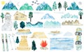 Watercolor Mountains. Clipart with mountains, boat, sun, moon, birds, trees, spruce, fir, oak, car, road, wooden house Royalty Free Stock Photo