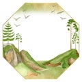 Watercolor mountains frame. Hand drawn hexagon template, green mountain summits and pine trees isolated on white