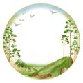 Watercolor mountains frame. Hand drawn round template, green hills, flying birds and pine trees isolated on white