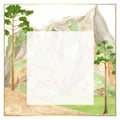 Watercolor mountains frame. Hand drawn square template, green mountain range and pine trees background with copy space