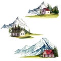 Watercolor mountains landscape with country house