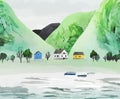 Watercolor mountains on the river bank. Vector landscape with norwegian houses, trees, fishing boats and mountains