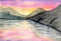 Watercolor mountains with sunrise, sunset over the lake. Lilac purple sky. Mountain landscape, hills. Watercolor hand Royalty Free Stock Photo
