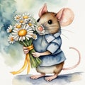 Watercolor Mouse With Daisy Bouquet