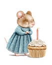 Watercolor mouse in dress blows on birthday muffin with candle