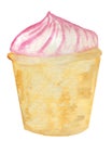 Watercolor muffin with pink cream. raster illustration for menu design