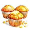 Watercolor Muffins with Butter and Corn Kernels on White Background Royalty Free Stock Photo