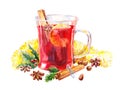 Watercolor mulled wine. Christmas illustration isolated on white