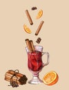 Watercolor mulled wine mug poster with cinnamon