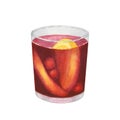 Watercolor mulled wine with orange slices and berries in a glass. Hot red winter drink isolated on white background Royalty Free Stock Photo