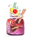 Watercolor mulled wine with spices in nice glass with cherry, cinnamon and lemon, isolated illustration on white