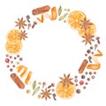 Watercolor mulled wine wreath. Spices and oranges