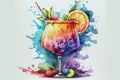 Watercolor multi-colored cocktail decorated with fruits, berries and leaves against the background of watercolor streaks.