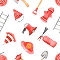 Watercolor multi directioanal seamless pattern with fire equipment on a white background