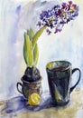 Watercolor multicolor drawing spring still life with hyacinth, mug with coffee and lemon