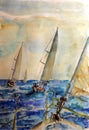 Watercolor multicolor drawing many yachts during the race sea regatta