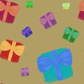 Watercolor multicolored gift boxes with golden bows on brown background. Christmas seamless pattern. Birthday, anniversary, festiv