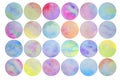 Watercolor multicolored paint circle texture. Abstract hand-painted textures. Set of 24 watercolor circle elements for Royalty Free Stock Photo