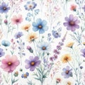 Watercolor multicolored wild flowers pattern, Blooming spring flowers Royalty Free Stock Photo