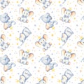 Watercolor multidirectional seamless pattern with cute baby elephants crown and stars