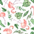 Watercolor multidirectional seamless pattern flamingos and tropical leaves