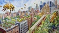 A watercolor mural illustrates bees buzzing through urban rooftop gardens, merging city life with nature's