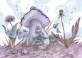 Watercolor mushroom garden with flowers, fantasy houses and grass, hand drawn forest landscape painting art with magic nature.