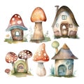 Watercolor mushroom houses set. Hand painted illustration isolated on white background