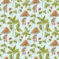 Watercolor mushroom seamless pattern. Pattern with Wild Strawberries and Toadstool Mushrooms. Summer forest design.