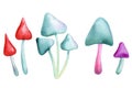 watercolor mushrooms set, fly agaric on a white background, bright drawing. Hippie retro 70-60s design elements