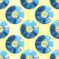 Watercolor music pattern. Seamless background with gramophone. Royalty Free Stock Photo