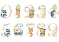 Watercolor animals numbers.