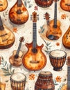 Watercolor Musical Instruments Pattern Royalty Free Stock Photo