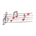 Watercolor musical notation with heart shaped notes. Hand drawn watercolour music symbols for Valentines day, print Royalty Free Stock Photo