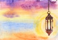 Watercolor muslim illustration of ramadan kareem and ramadan mubarak. Hand drawn background of lantern and sunset