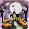 Watercolor of A mysterious house with pumpkins in the night Halloween theme