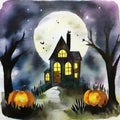 Watercolor of A mysterious house with pumpkins in the night Halloween theme