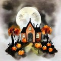 Watercolor of A mysterious house with pumpkins in the night Halloween theme