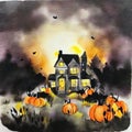 Watercolor of A mysterious house with pumpkins in the night Halloween theme