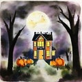 Watercolor of A mysterious house with pumpkins in the night Halloween theme
