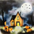 Watercolor of A mysterious house with pumpkins in the night Halloween theme