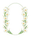 Watercolor narcissus flower round frame. Hand drawn daffodil wreath illustration isolated on white background. Floral