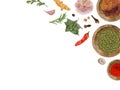 Watercolor natural aroma spices backgrouns. Garlic, cloves, nutmeg, basil and dry spices in bowls and spoons