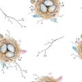 Watercolor Natural Floral Vintage Seamless Pattern With Nests,wreath, Eggs And Feathers . Art Decoration Bird Illustration.Boho S