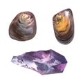 Watercolor Natural Gemstones collection agat, jasper, amethyst. Hand drawn illustration isolated on white background