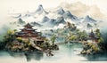 Watercolor natural landscape with traditional Chinese buildings.