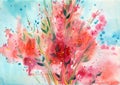 Watercolor painting. Abstract nature background. Bunch of red flowers. Royalty Free Stock Photo