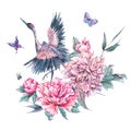 Watercolor nature card with crane and pink peonies Royalty Free Stock Photo