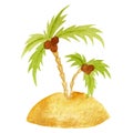 Watercolor nature illustration, cartoon island with palms isolated on white background, drawing for various products etc Royalty Free Stock Photo