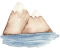 Watercolor nature illustration,mountains near the blue lake. For kids, travel products, ect.